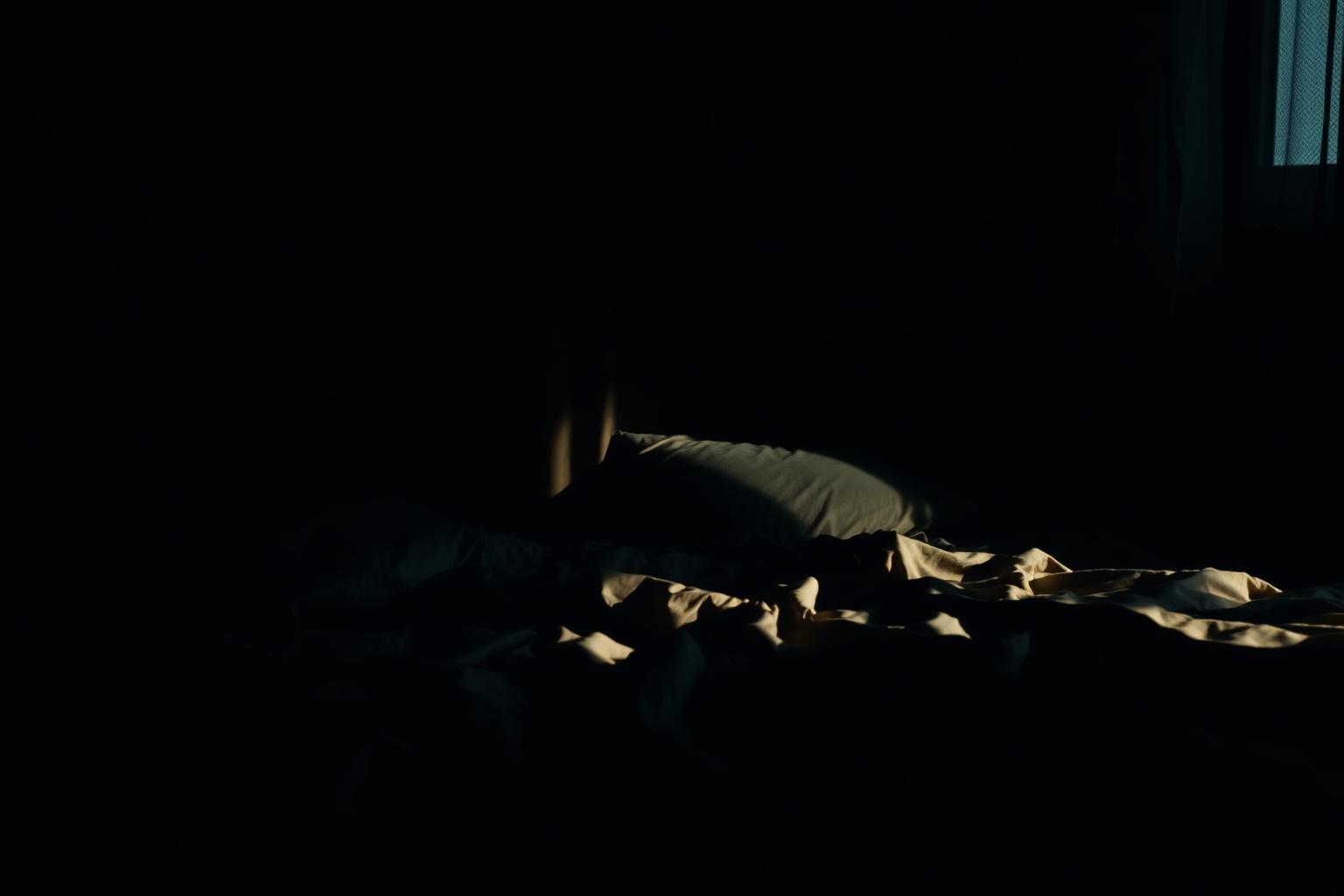 Darkened bedroom at midday with blackout curtains and a thin blade of sunlight